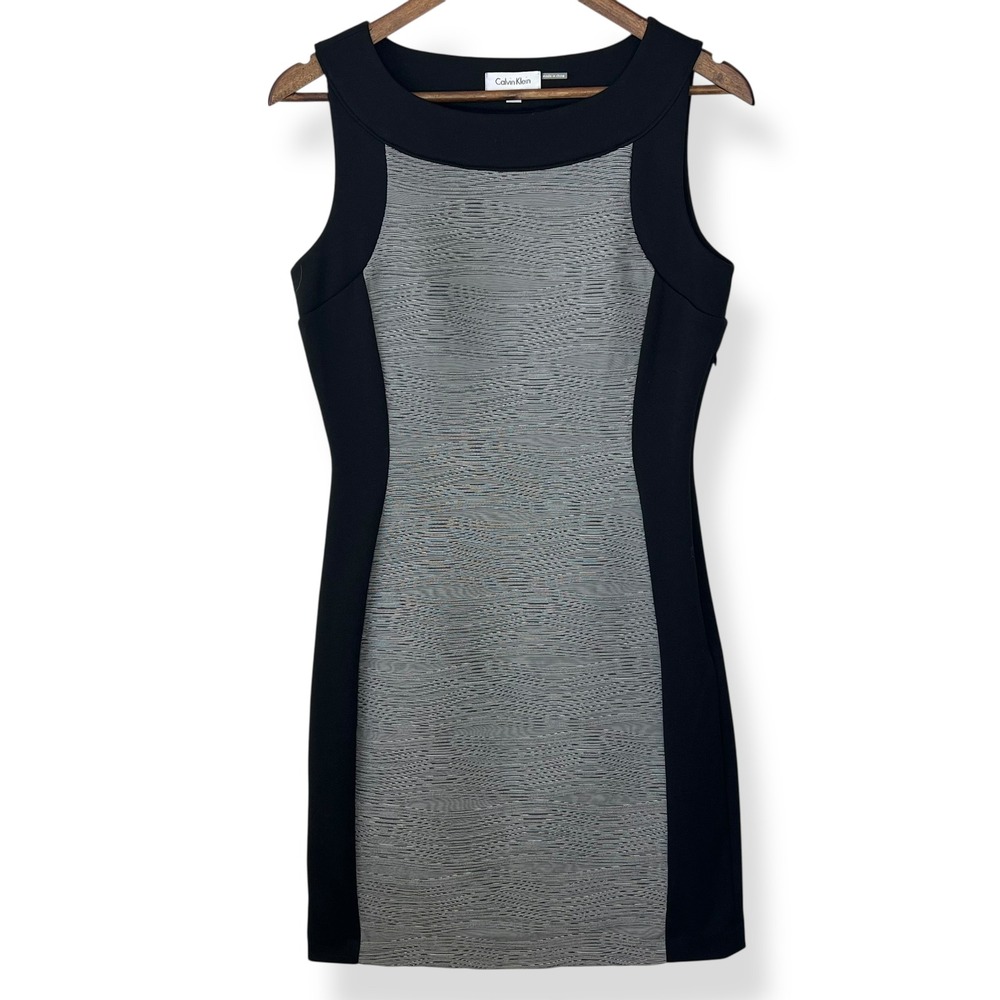 Calvin Klein 8 Dress Black Gray Textured Panel‎ Sleeveless Career Work Business